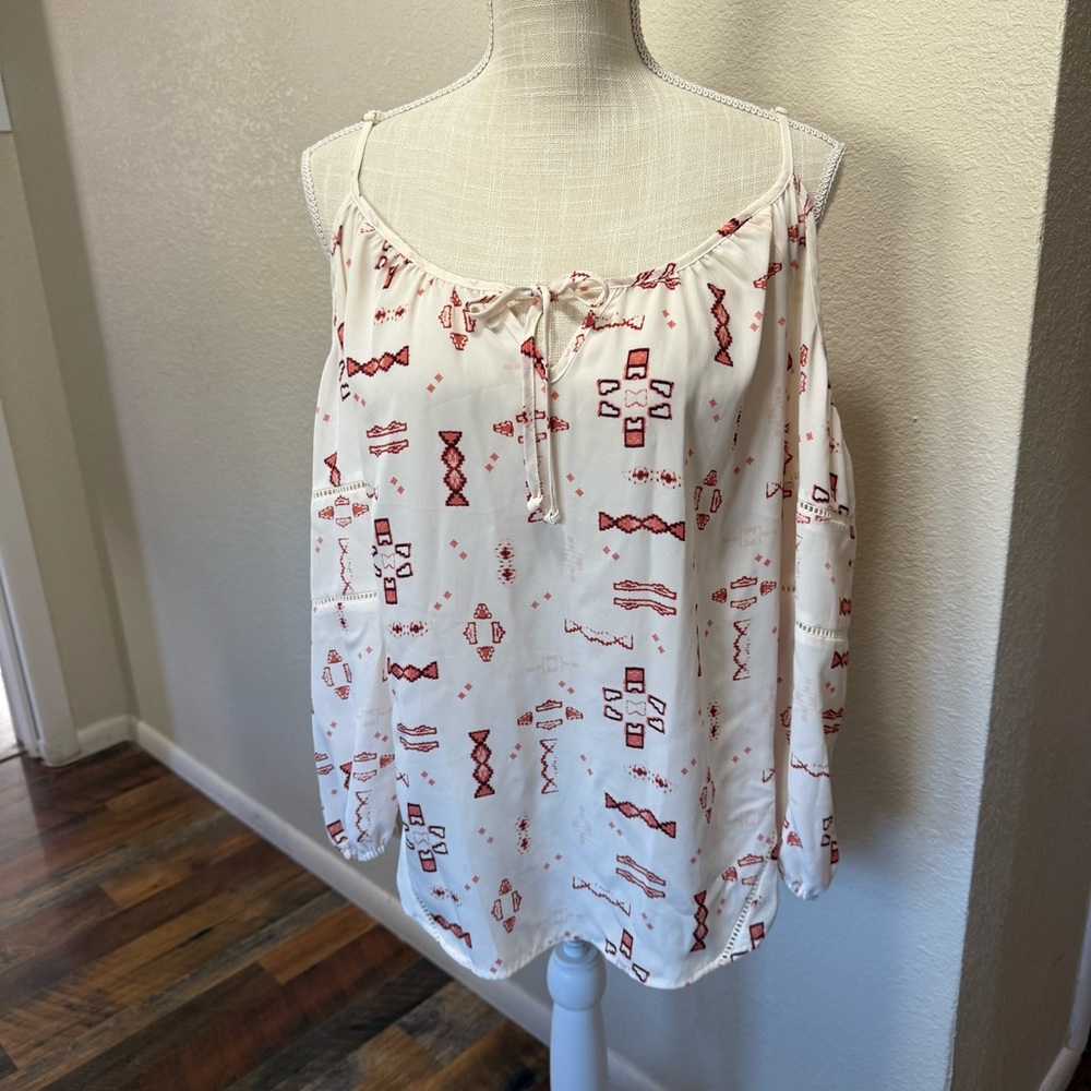 Boho Off-Shoulder Blouse with Red Geometric Print by Metaphor - Size Medium